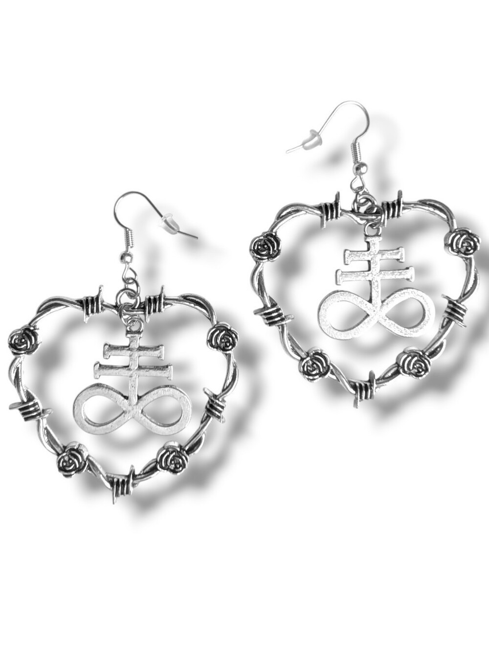 NWT Handmade Large Silver Barbed Wire Heart Leviathan Cross Earrings